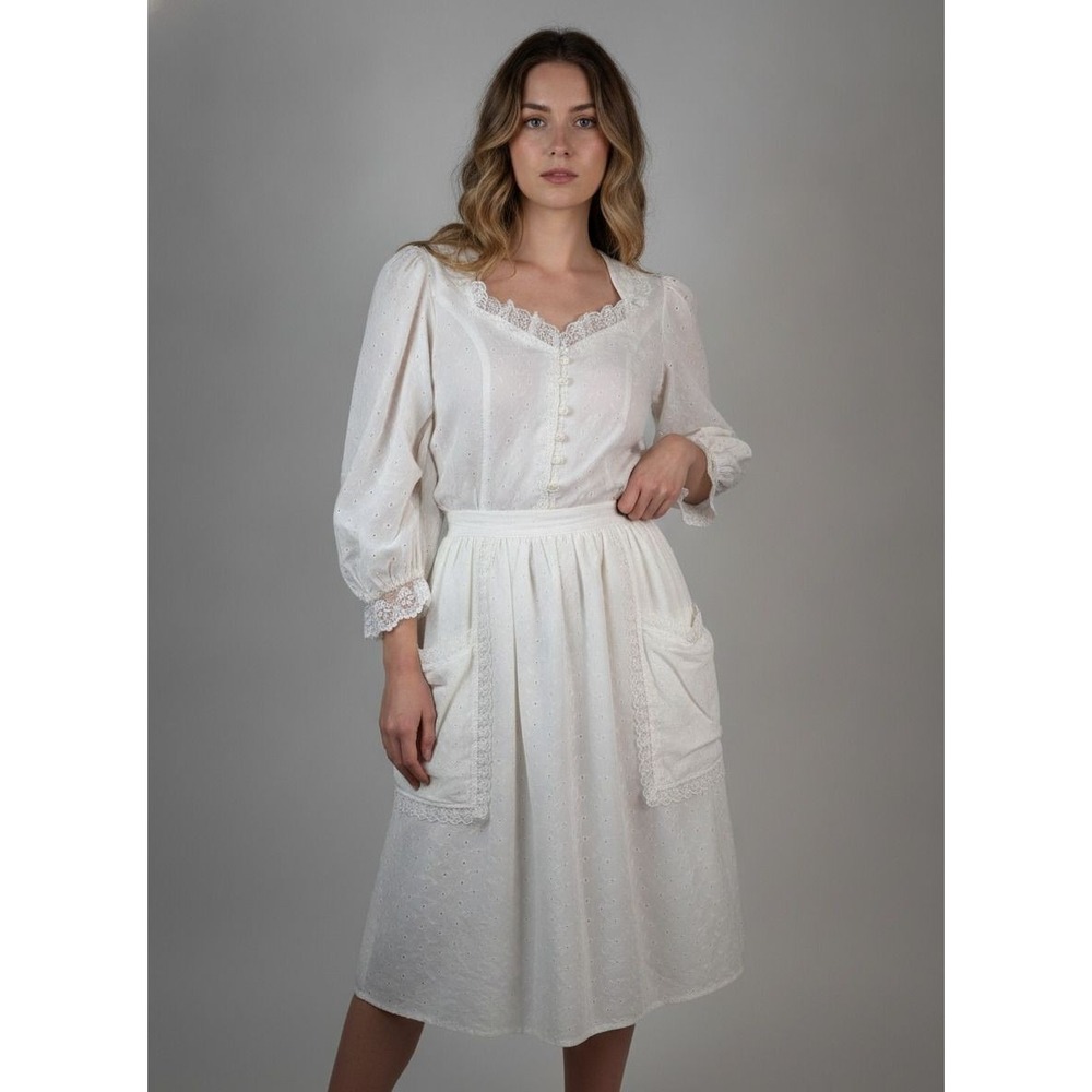 VTG Gunne Sax Two Piece White Eyelet Lace Prairie Top+Midi Skirt  Size S
